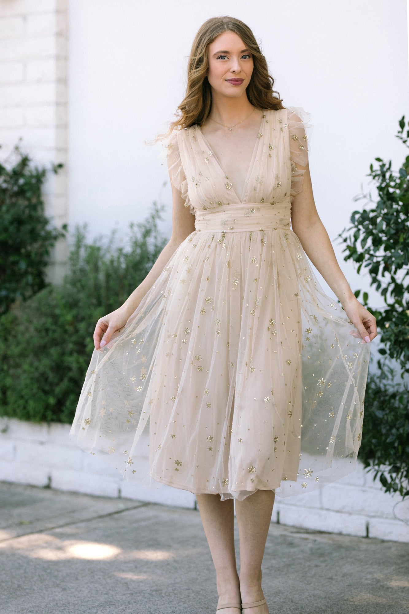 Tulle midi dress shop with button back