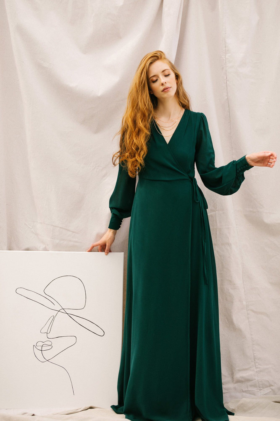 Layalina Dark Green Maxi Dress With Long Sleeves