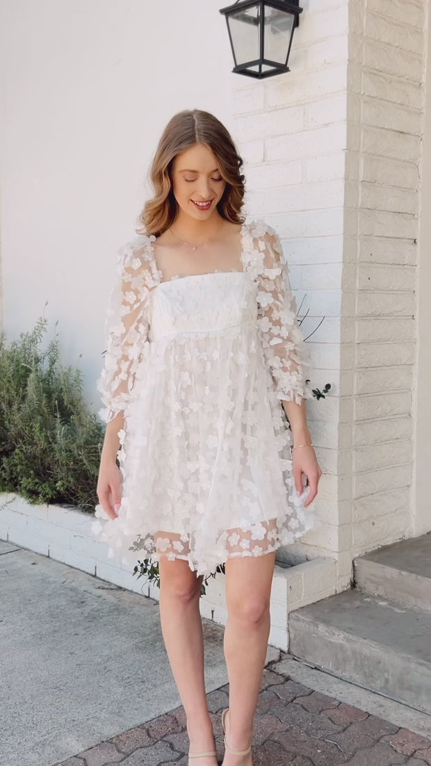 Exceptionally Dainty White Floral Chiffon Babydoll Mini Dress