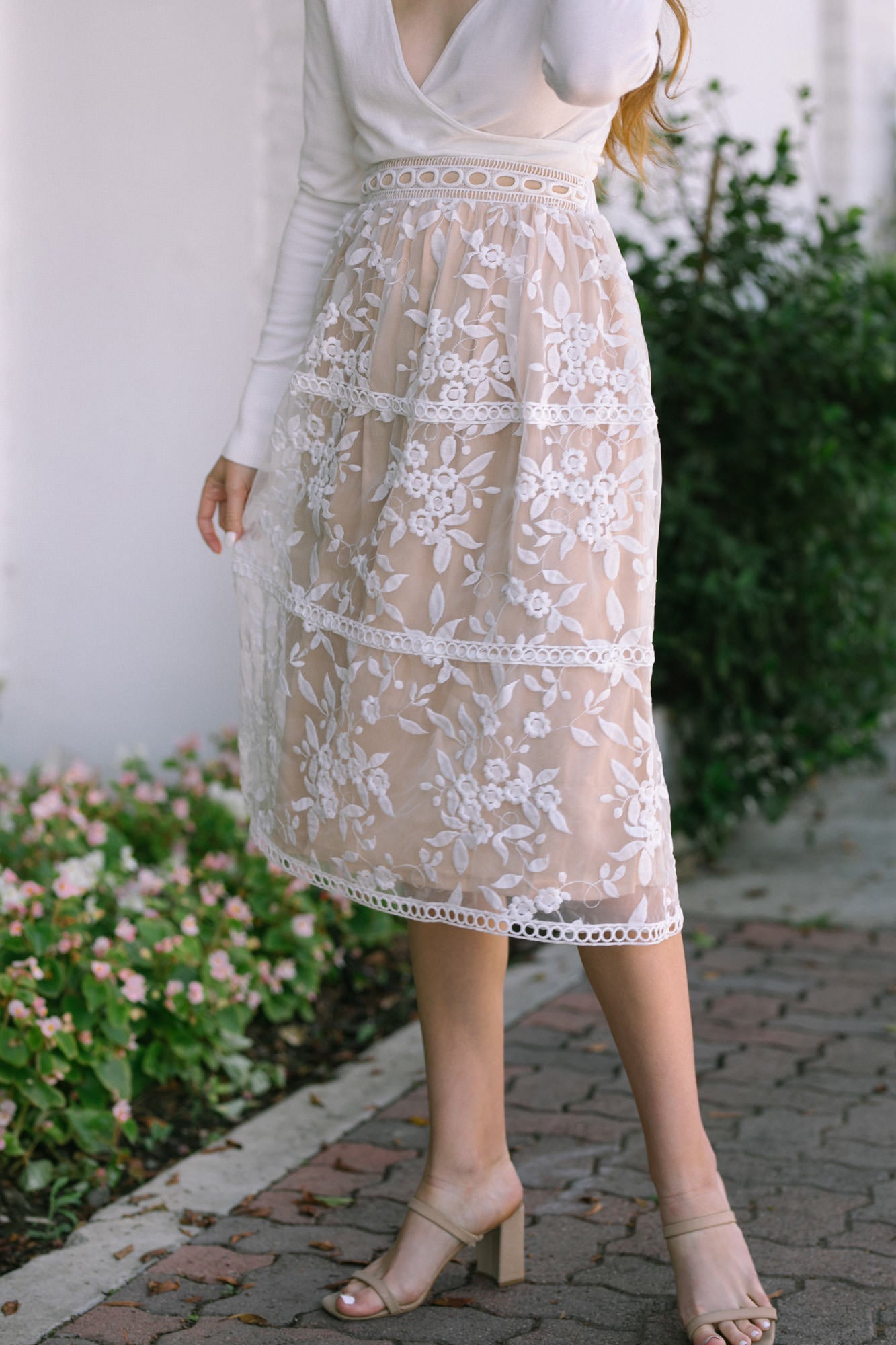 White embroidered midi skirt sale