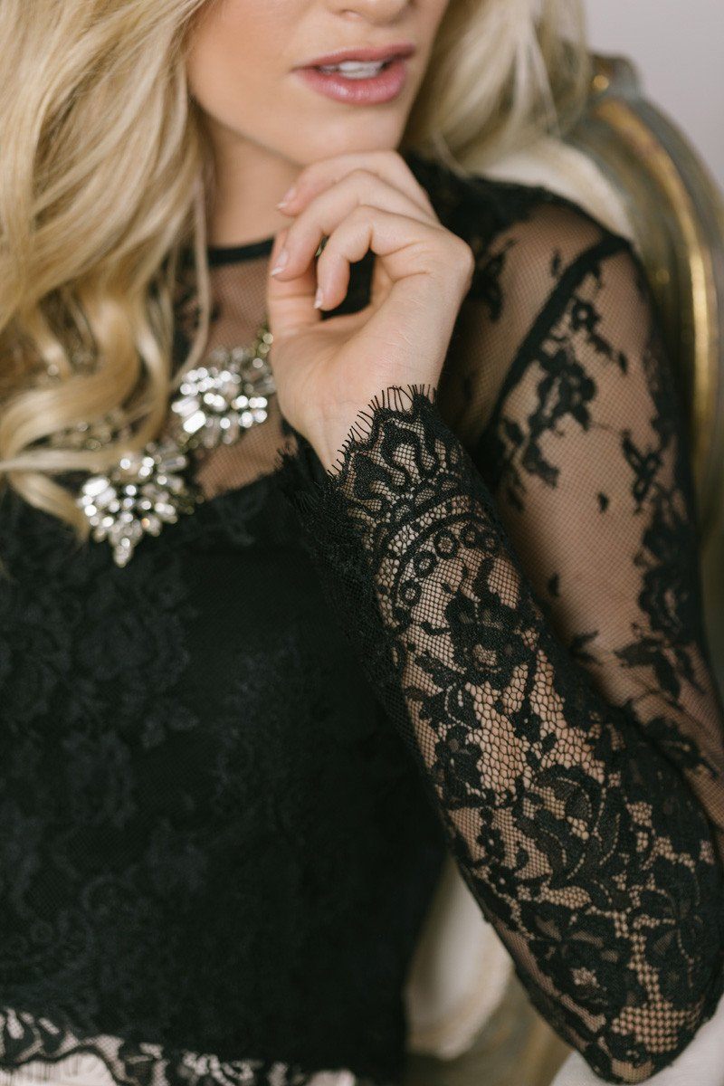 Picture This Black Long Sleeve Lace Top  Black lace top long sleeve,  Dressy tops, Black lace tops