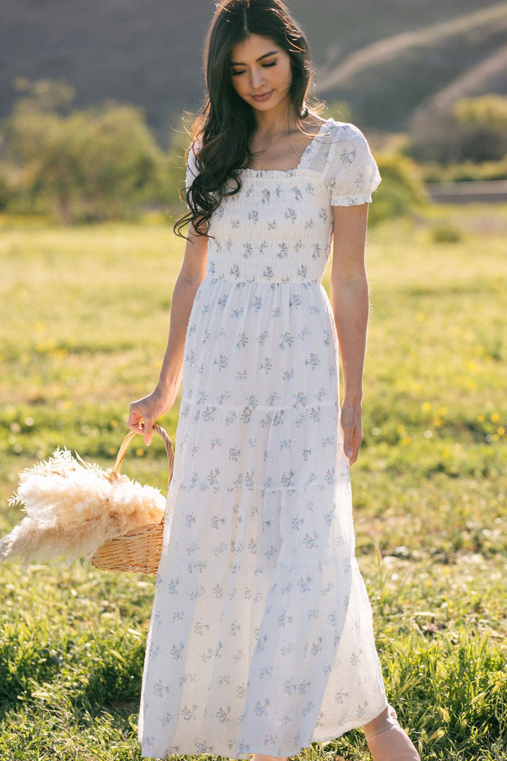 Elsie Smocked Maxi Dress Dresses Storia White-Blue-Floral X-Small
