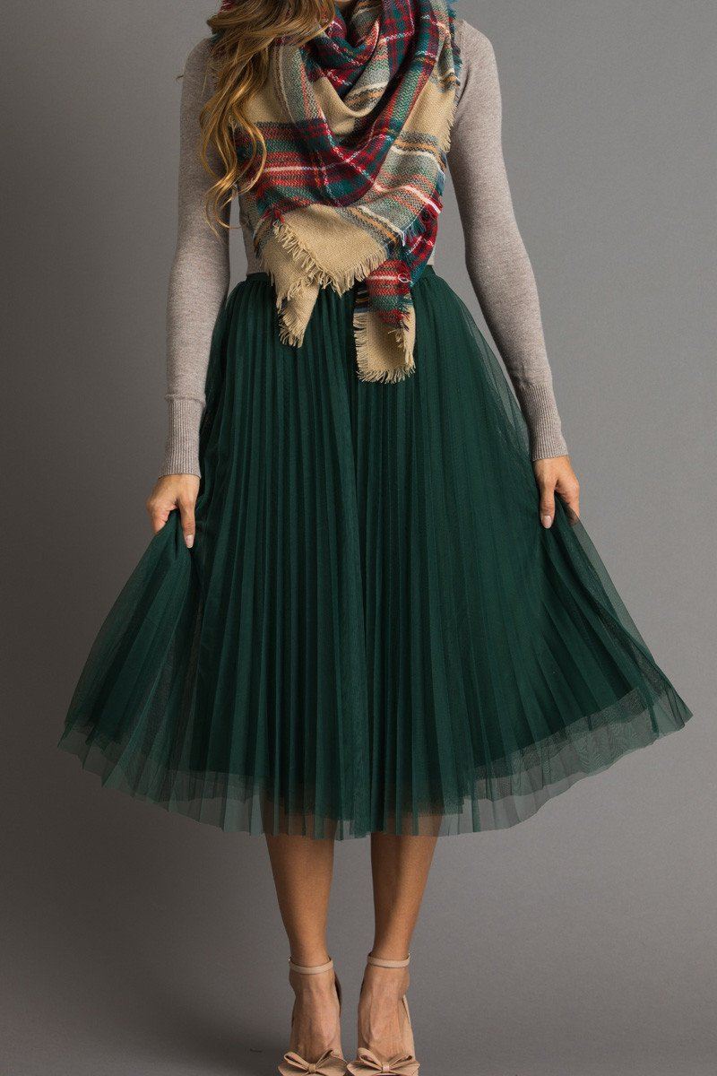Vienna Green Pleated Tulle Midi Skirt Skirts Lucy Paris