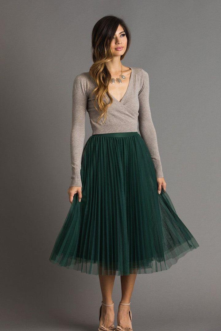 Vienna Green Pleated Tulle Midi Skirt Skirts Lucy Paris